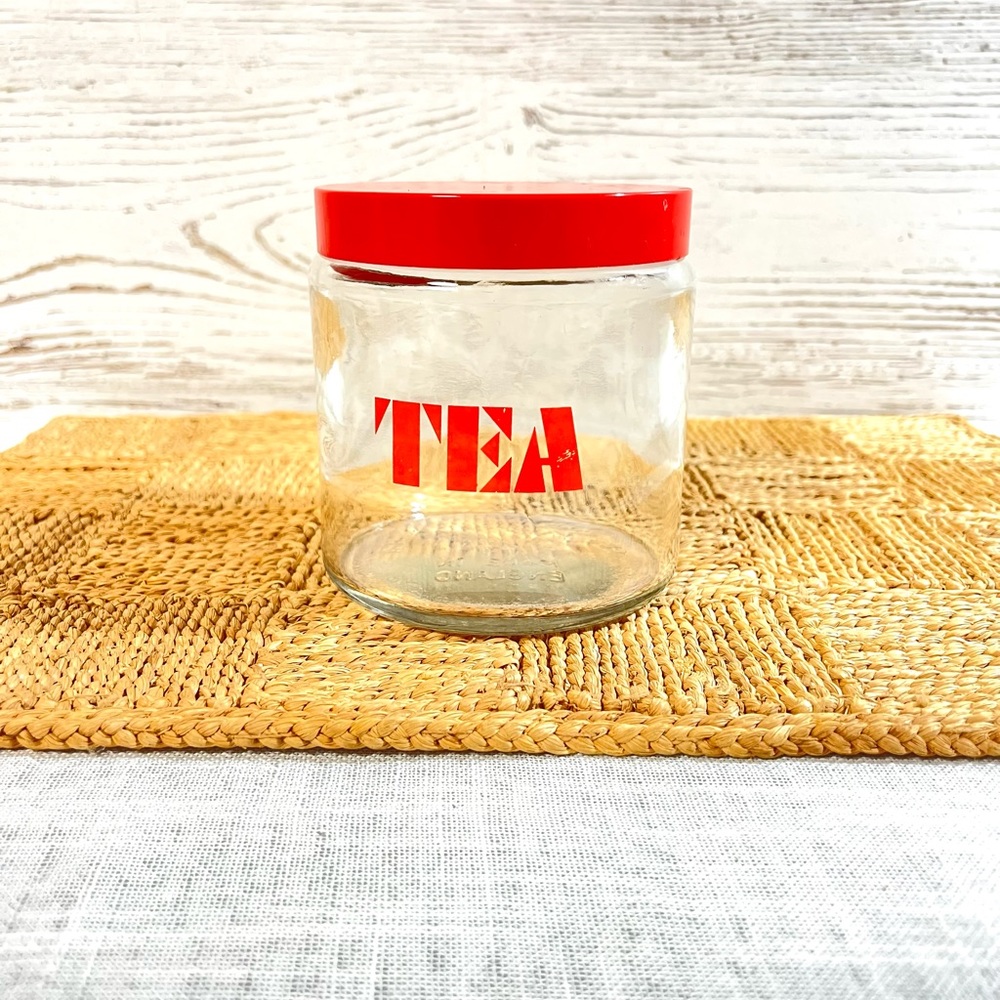 Vintage glass canister jar England tea red storage decor